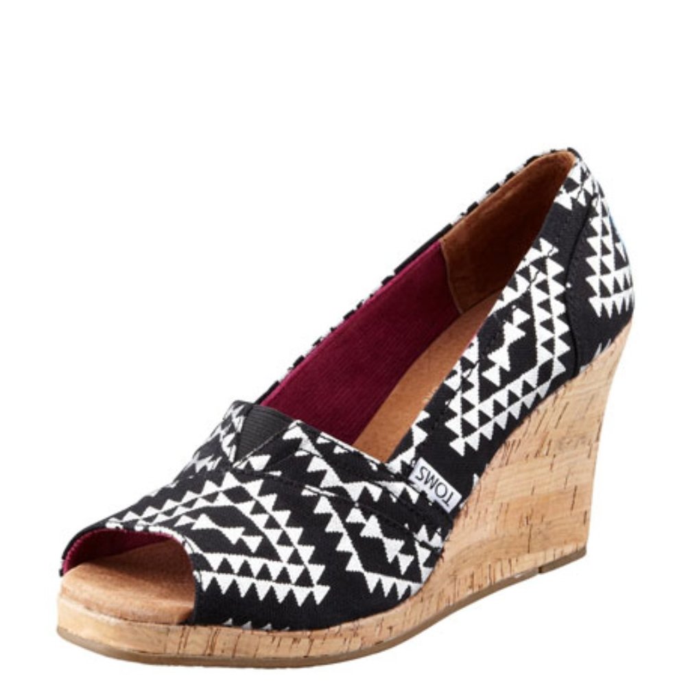 Toms Reina Tribal Wedge Black Silver Triangle Fabric Cork Peep Toe Heels